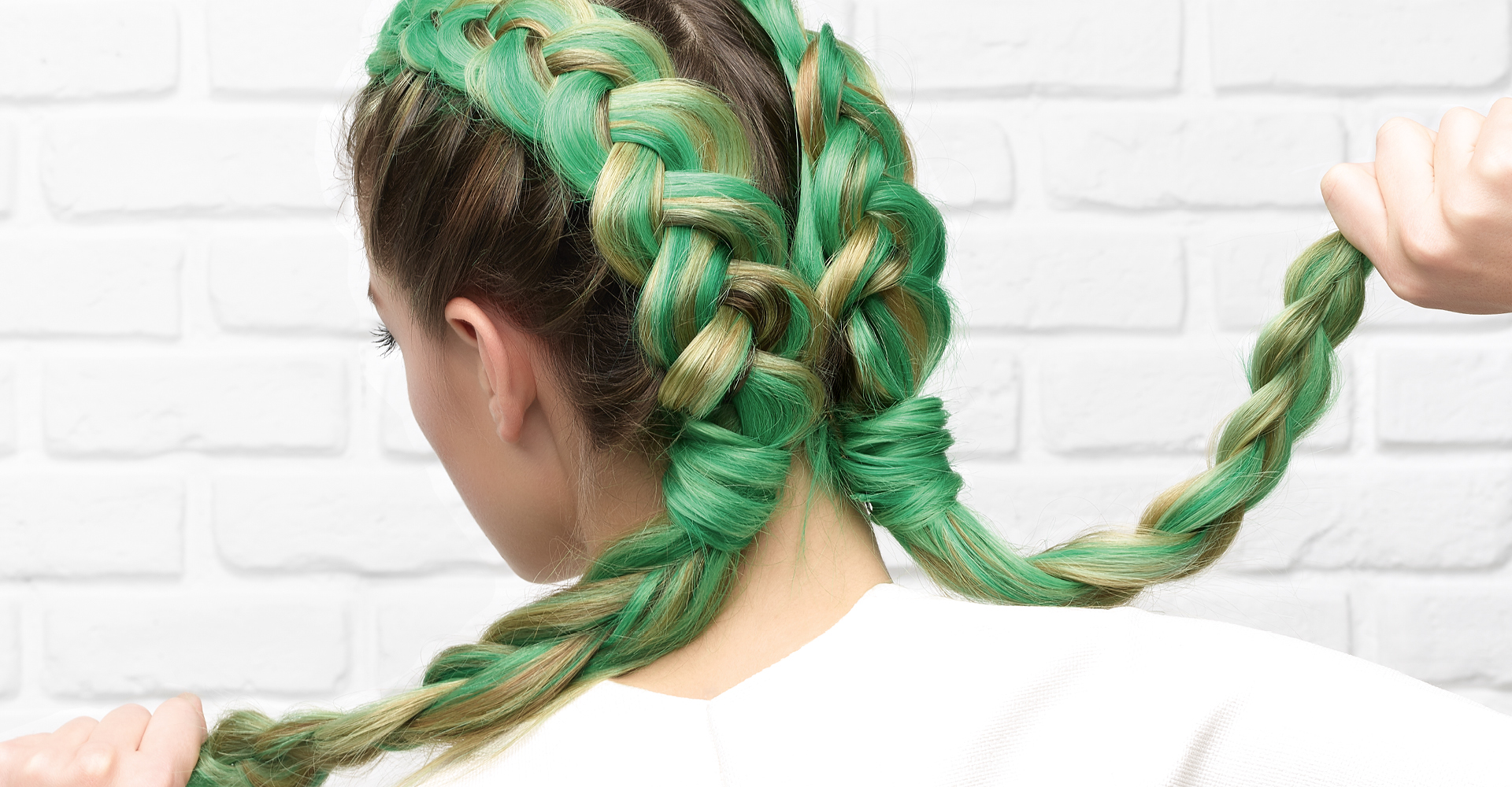immagina ragazza con capelli verdi, vista da dietro con due trecce